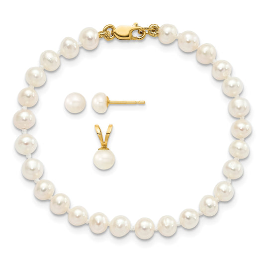 14k 4-5mm White Freshwater Cultured Pearl Pendant/5 inch Bracelet/Post Earrings 3-piece Set