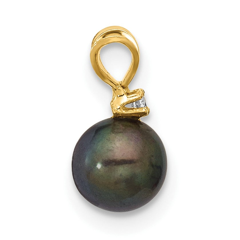 14k 5-6mm Black Round Freshwater Cultured Pearl and .01 Carat Diamond Pendant