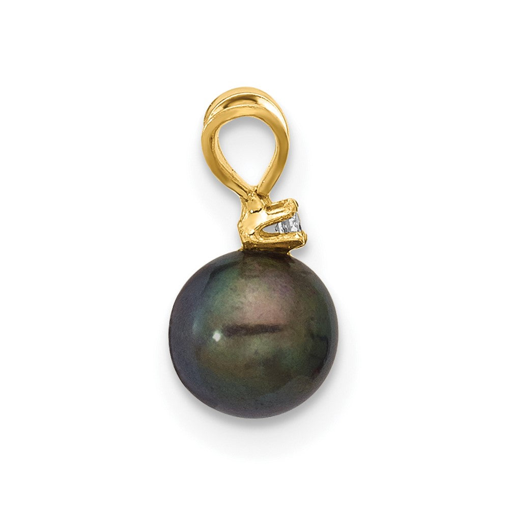 14k 5-6mm Black Round Freshwater Cultured Pearl and .01 Carat Diamond Pendant