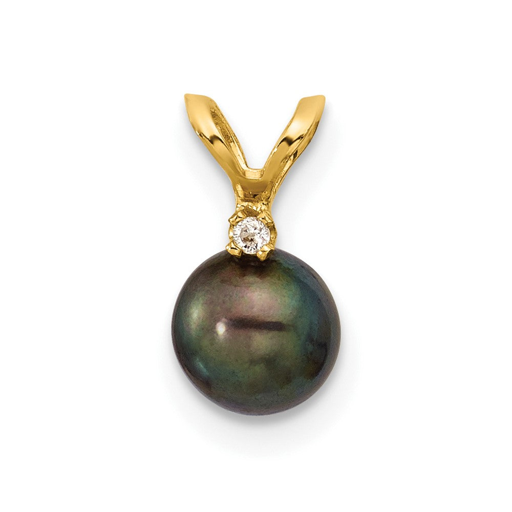 14k 5-6mm Black Round Freshwater Cultured Pearl and .01 Carat Diamond Pendant