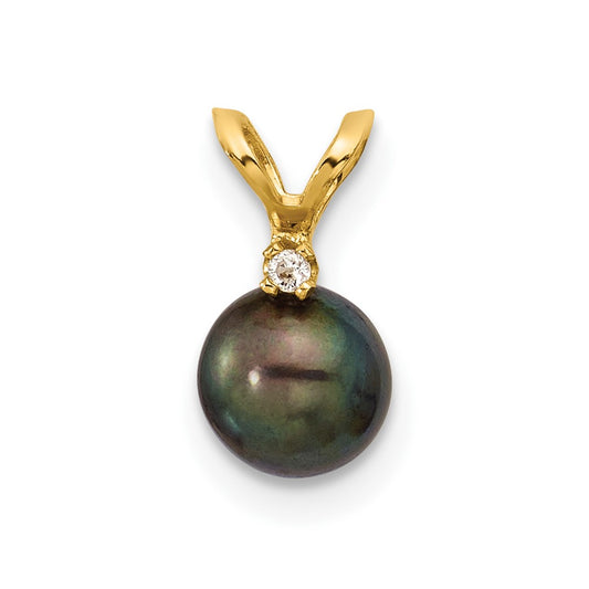 14k 5-6mm Black Round Freshwater Cultured Pearl and .01 Carat Diamond Pendant