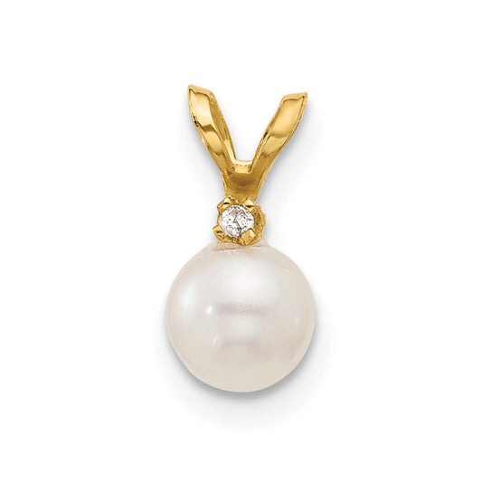 14k 5-6mm White Round Freshwater Cultured Pearl and .01 Carat Diamond Pendant