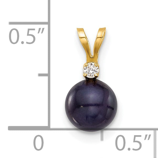 14k 6-7mm Black Round Freshwater Cultured Pearl and .03 Carat Diamond Pendant