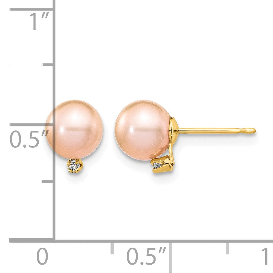 14k 5-6mm Pink Round Freshwater Cultured Pearl and .02 Carat Diamond Post Earrings