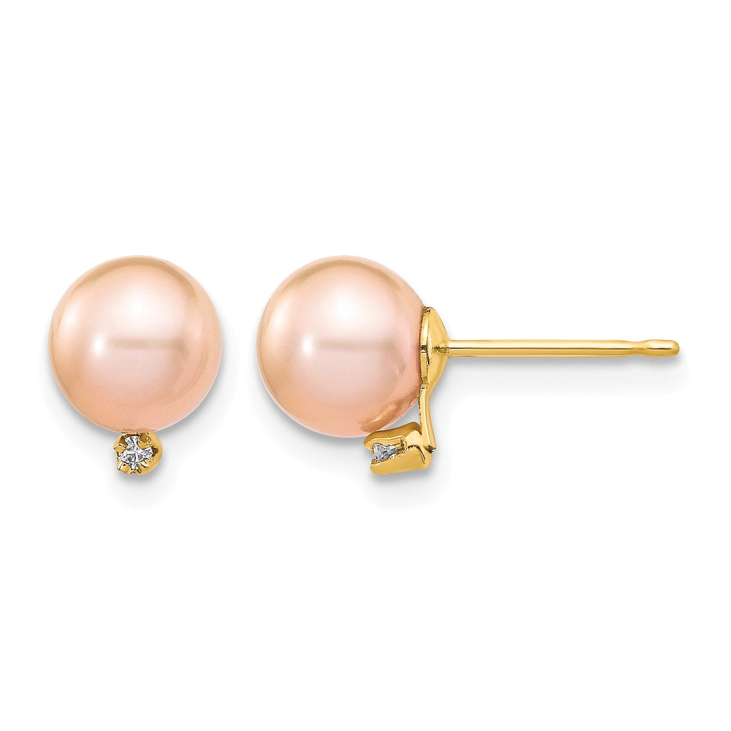 14k 5-6mm Pink Round Freshwater Cultured Pearl and .02 Carat Diamond Post Earrings