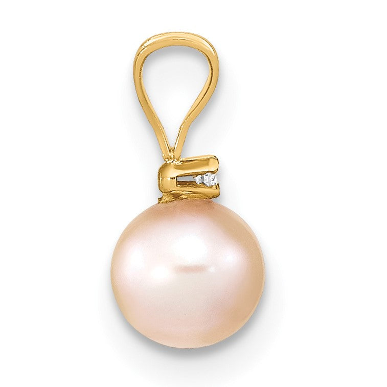 14k 5-6mm Pink Round Freshwater Cultured Pearl and .01 Carat Diamond Pendant