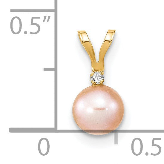 14k 5-6mm Pink Round Freshwater Cultured Pearl and .01 Carat Diamond Pendant