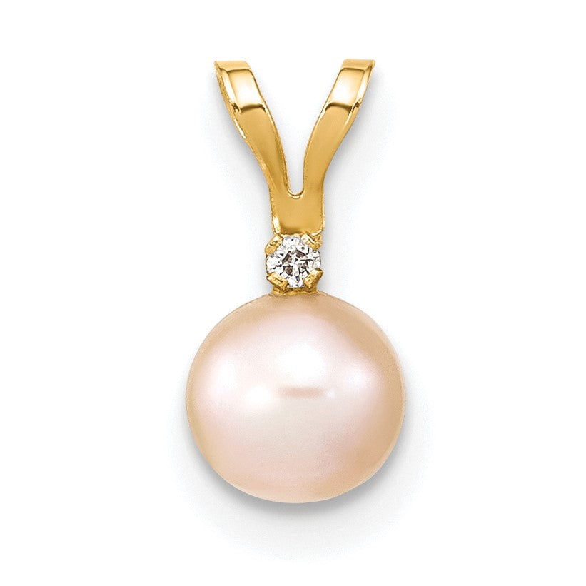 14k 5-6mm Pink Round Freshwater Cultured Pearl and .01 Carat Diamond Pendant