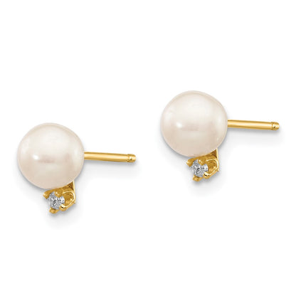 14k 5-6mm White Round Freshwater Cultured Pearl and .02 Carat Diamond Post Earrings