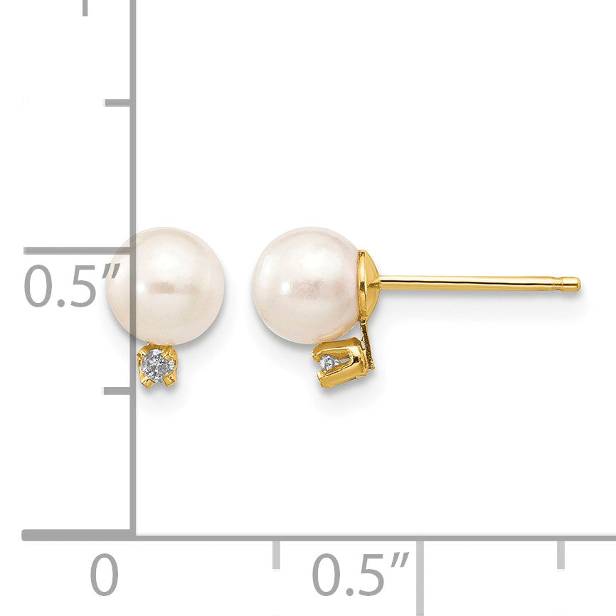 14k 5-6mm White Round Freshwater Cultured Pearl and .02 Carat Diamond Post Earrings