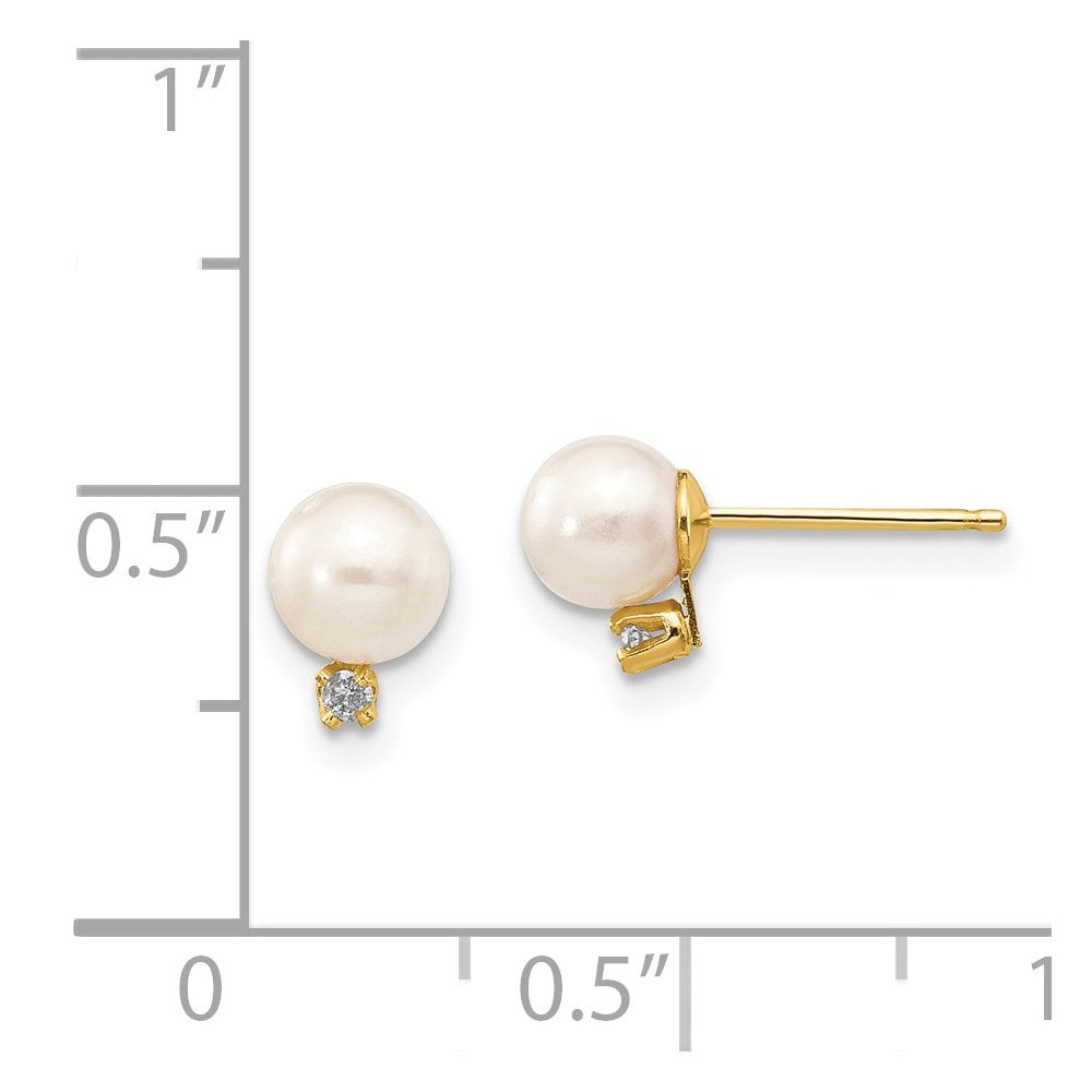 14k 5-6mm White Round Freshwater Cultured Pearl and .02 Carat Diamond Post Earrings