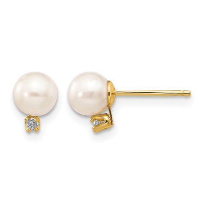14k 5-6mm White Round Freshwater Cultured Pearl and .02 Carat Diamond Post Earrings