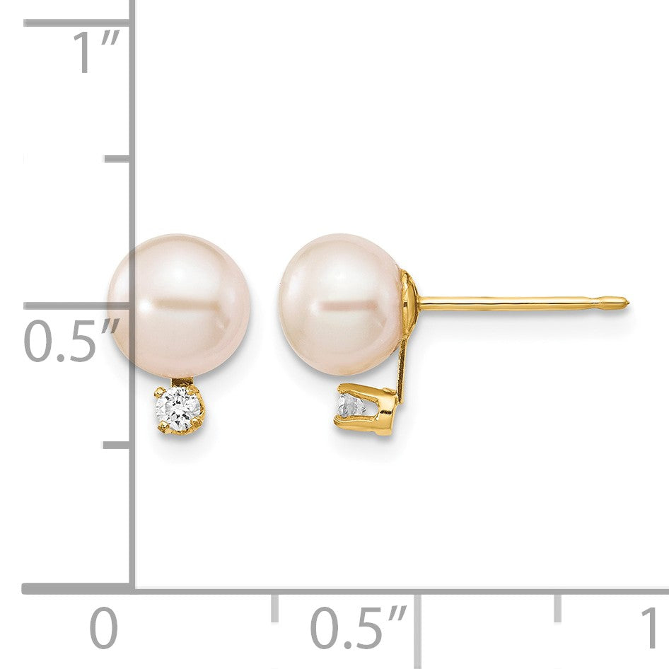 14k 6-7mm White Round Freshwater Cultured Pearl and .06 Carat Diamond Post Earrings