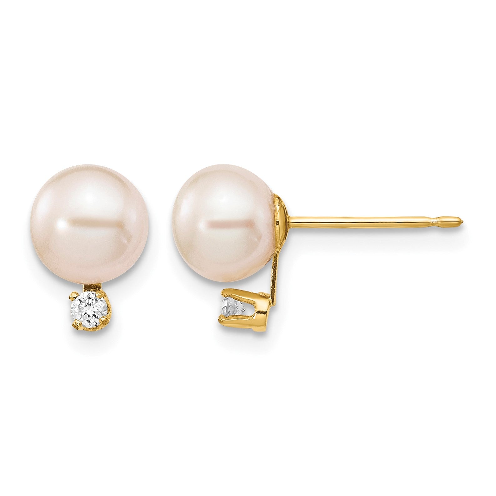 14k 6-7mm White Round Freshwater Cultured Pearl and .06 Carat Diamond Post Earrings