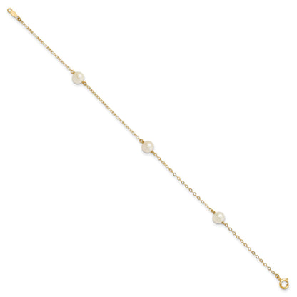 14k 5-6mm White Near-Round Freshwater Cultured Pearl 3-Station 7.25 inch Bracelet