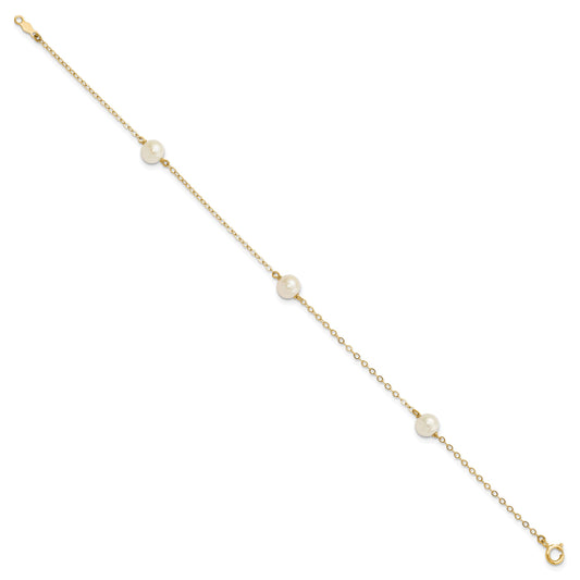 14k 5-6mm White Near-Round Freshwater Cultured Pearl 3-Station 7.25 inch Bracelet