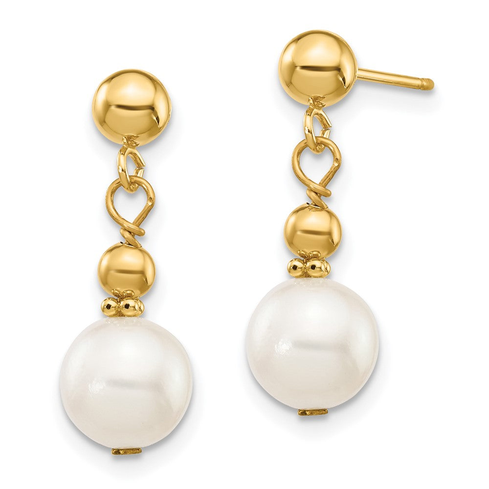 14K 7-8mm White Semi-round Freshwater Cultured Pearl Post Dangle Earrings