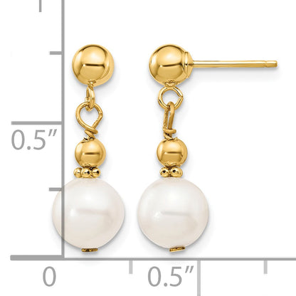 14K 7-8mm White Semi-round Freshwater Cultured Pearl Post Dangle Earrings