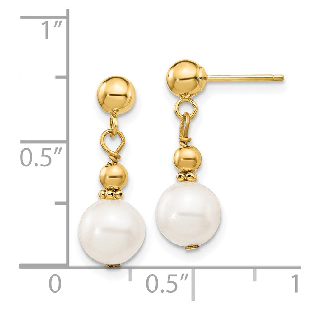 14K 7-8mm White Semi-round Freshwater Cultured Pearl Post Dangle Earrings