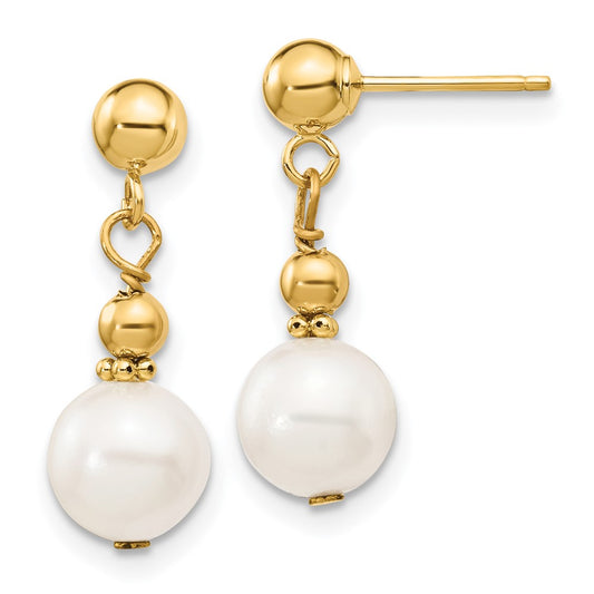 14K 7-8mm White Semi-round Freshwater Cultured Pearl Post Dangle Earrings