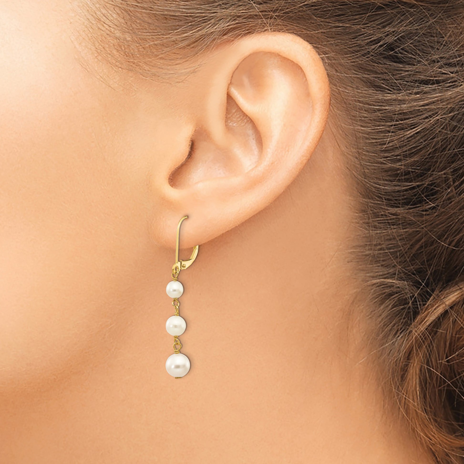 14k 4-6mm White Semi-round Freshwater Cultured Pearl Dangle Leverback Earrings