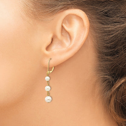 14k 4-6mm White Semi-round Freshwater Cultured Pearl Dangle Leverback Earrings
