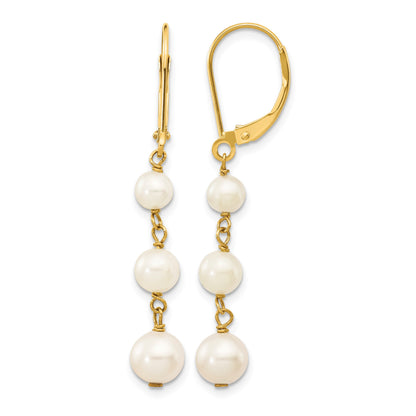 14k 4-6mm White Semi-round Freshwater Cultured Pearl Dangle Leverback Earrings
