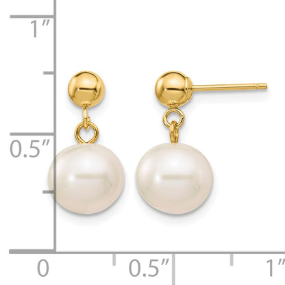 14k 8-8.5mm White Round Freshwater Cultured Pearl Post Dangle Earrings