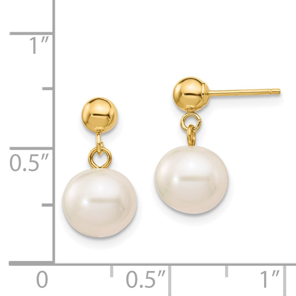 14k 8-8.5mm White Round Freshwater Cultured Pearl Post Dangle Earrings