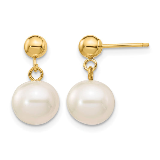 14k 8-8.5mm White Round Freshwater Cultured Pearl Post Dangle Earrings