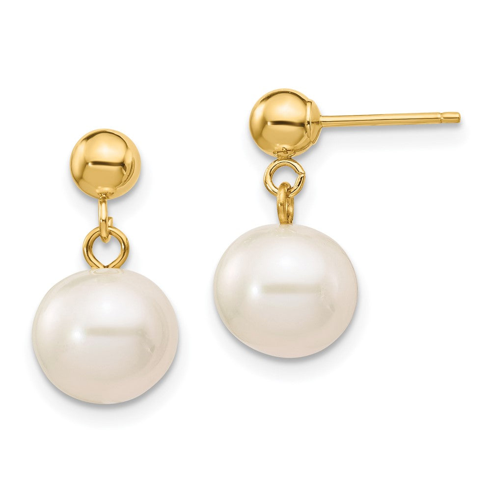 14k 8-8.5mm White Round Freshwater Cultured Pearl Post Dangle Earrings