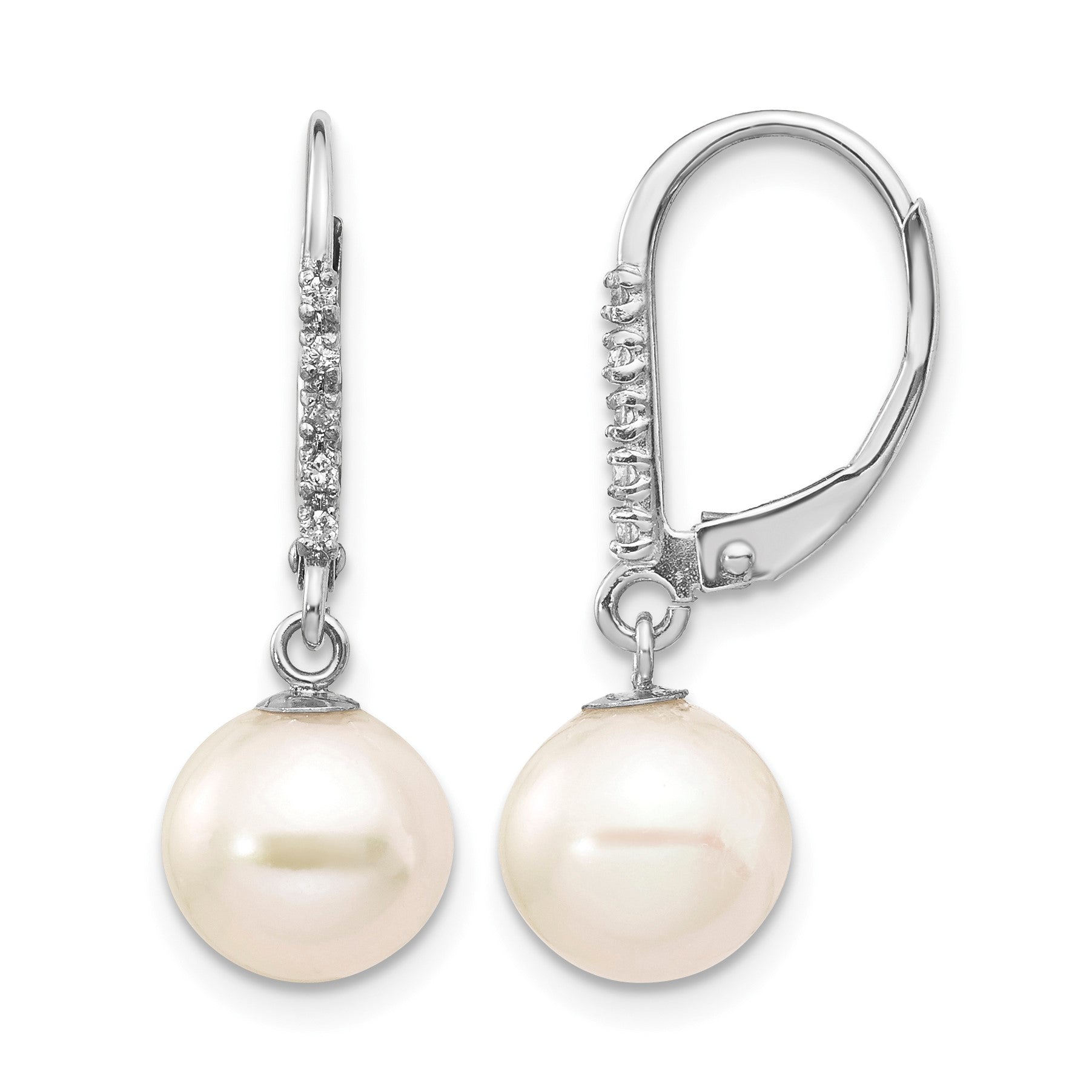 14k White Gold 8-9mm White Round Freshwater Cultured Pearl and .05 Carat Diamond Dangle Leverback Earrings
