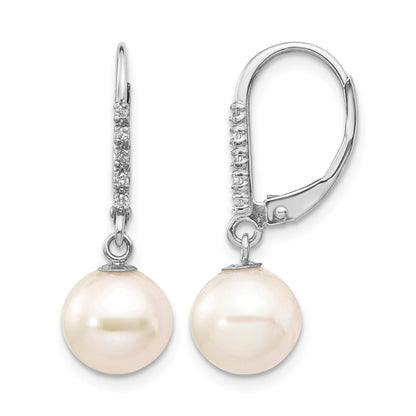 14k White Gold 8-9mm White Round Freshwater Cultured Pearl and .05 Carat Diamond Dangle Leverback Earrings