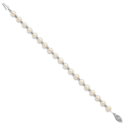 14k White Gold 6-7mm White Near-Round Freshwater Cultured Pearl Beaded 7 inch Bracelet