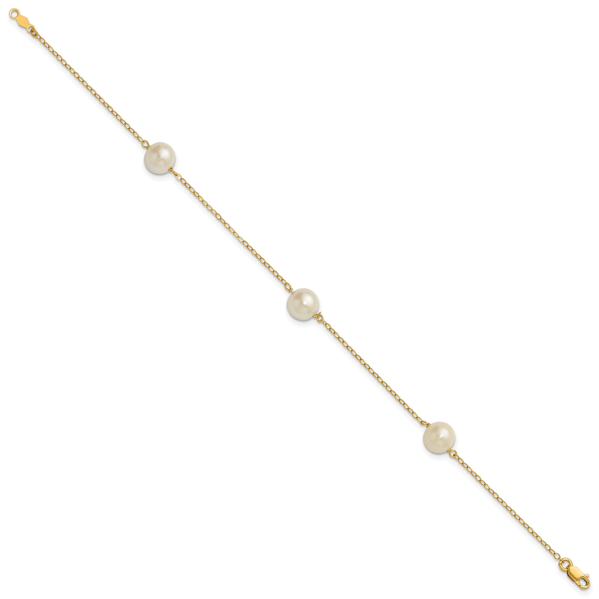14k 7-8mm White Near-Round Freshwater Cultured Pearl 3-Station 7.25 inch Bracelet
