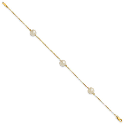 14k 7-8mm White Near-Round Freshwater Cultured Pearl 3-Station 7.25 inch Bracelet
