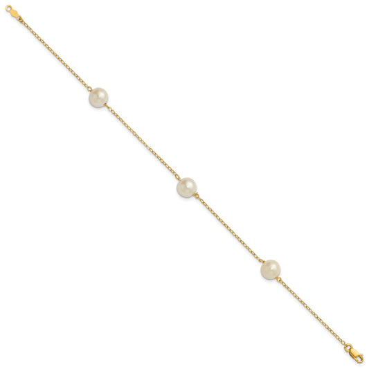 14k 7-8mm White Near-Round Freshwater Cultured Pearl 3-Station 7.25 inch Bracelet