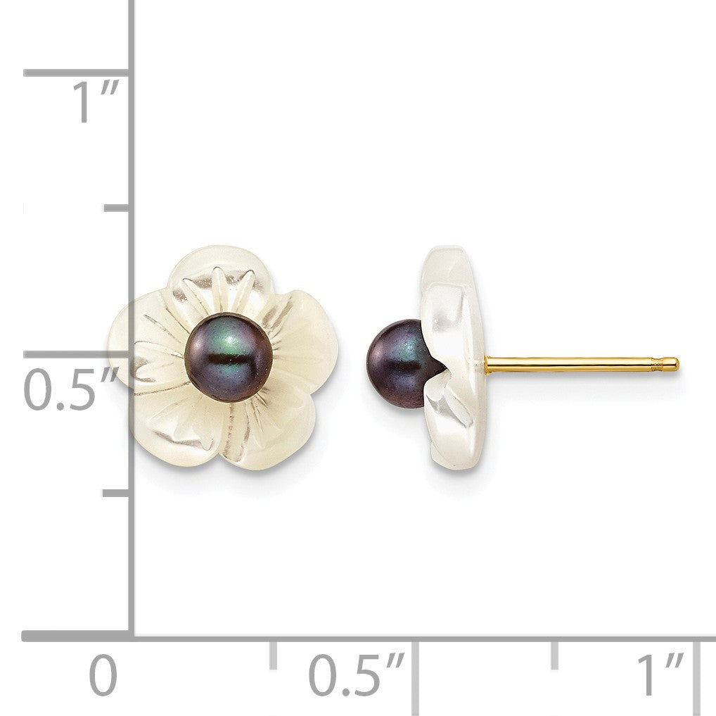 14k 3-4mm Black Round Freshwater Cultured Pearl and 10 mm White Mother of Pearl Flower Post Earrings