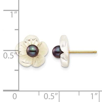 14k 3-4mm Black Round Freshwater Cultured Pearl and 10 mm White Mother of Pearl Flower Post Earrings