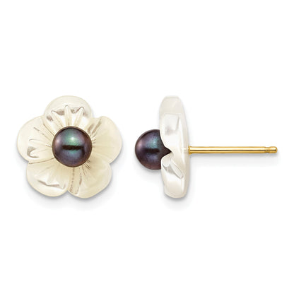14k 3-4mm Black Round Freshwater Cultured Pearl and 10 mm White Mother of Pearl Flower Post Earrings