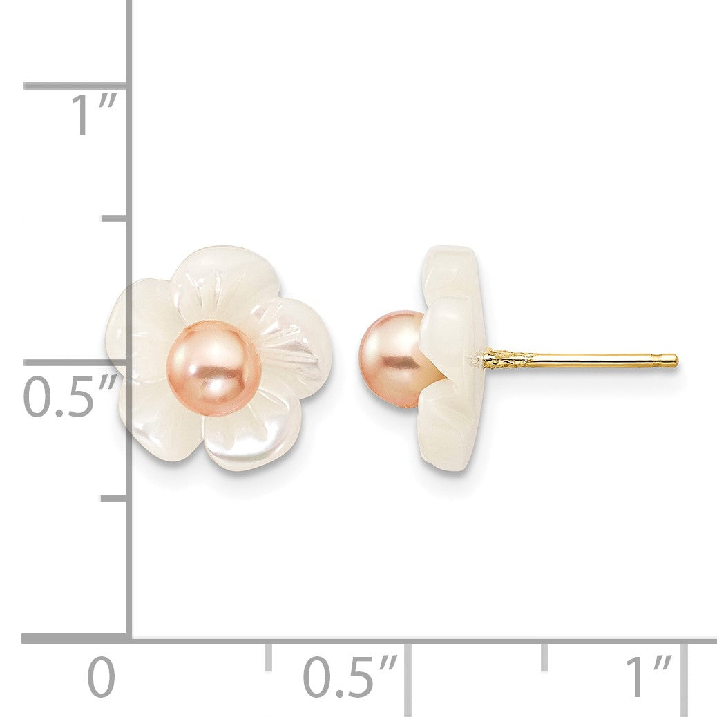 14k 3-4mm Pink Round Freshwater Cultured Pearl and 10mm White Mother of Pearl Flower Post Earrings