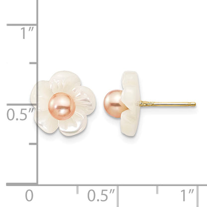 14k 3-4mm Pink Round Freshwater Cultured Pearl and 10mm White Mother of Pearl Flower Post Earrings