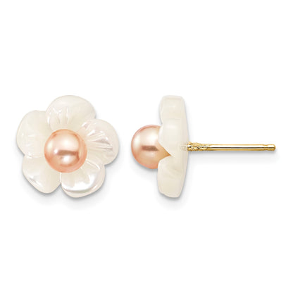 14k 3-4mm Pink Round Freshwater Cultured Pearl and 10mm White Mother of Pearl Flower Post Earrings