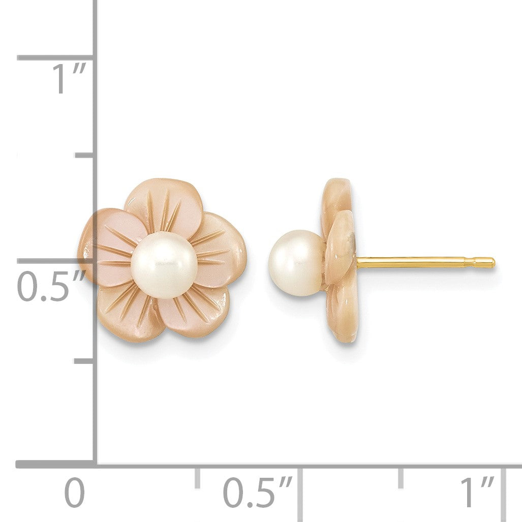 14k 3-4mm White Round Freshwater Cultured Pearl and Pink Mother of Pearl Flower Post Earrings