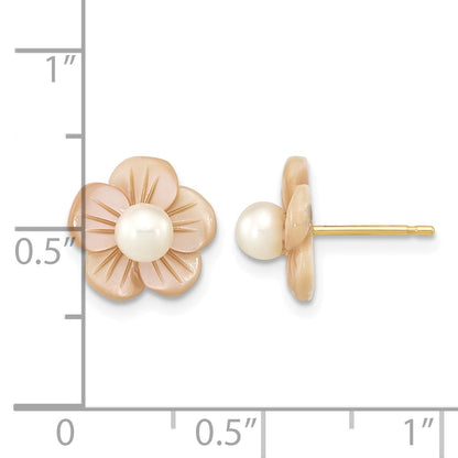 14k 3-4mm White Round Freshwater Cultured Pearl and Pink Mother of Pearl Flower Post Earrings