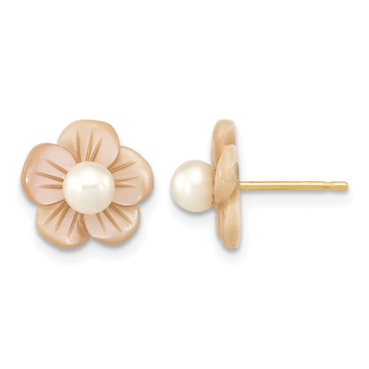 14k 3-4mm White Round Freshwater Cultured Pearl and Pink Mother of Pearl Flower Post Earrings