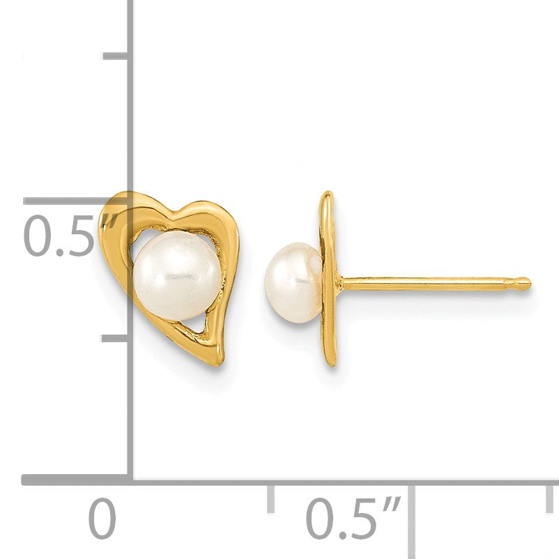 14k 3-4mm White Button Freshwater Cultured Pearl Heart Post Earrings