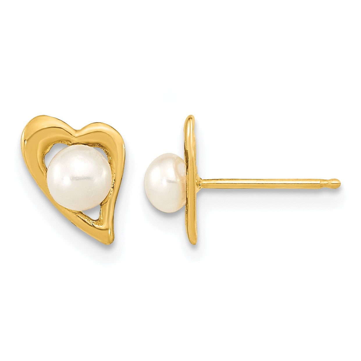 14k 3-4mm White Button Freshwater Cultured Pearl Heart Post Earrings