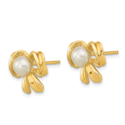 14k 3-4mm White Button Freshwater Cultured Pearl Bow Post Earrings