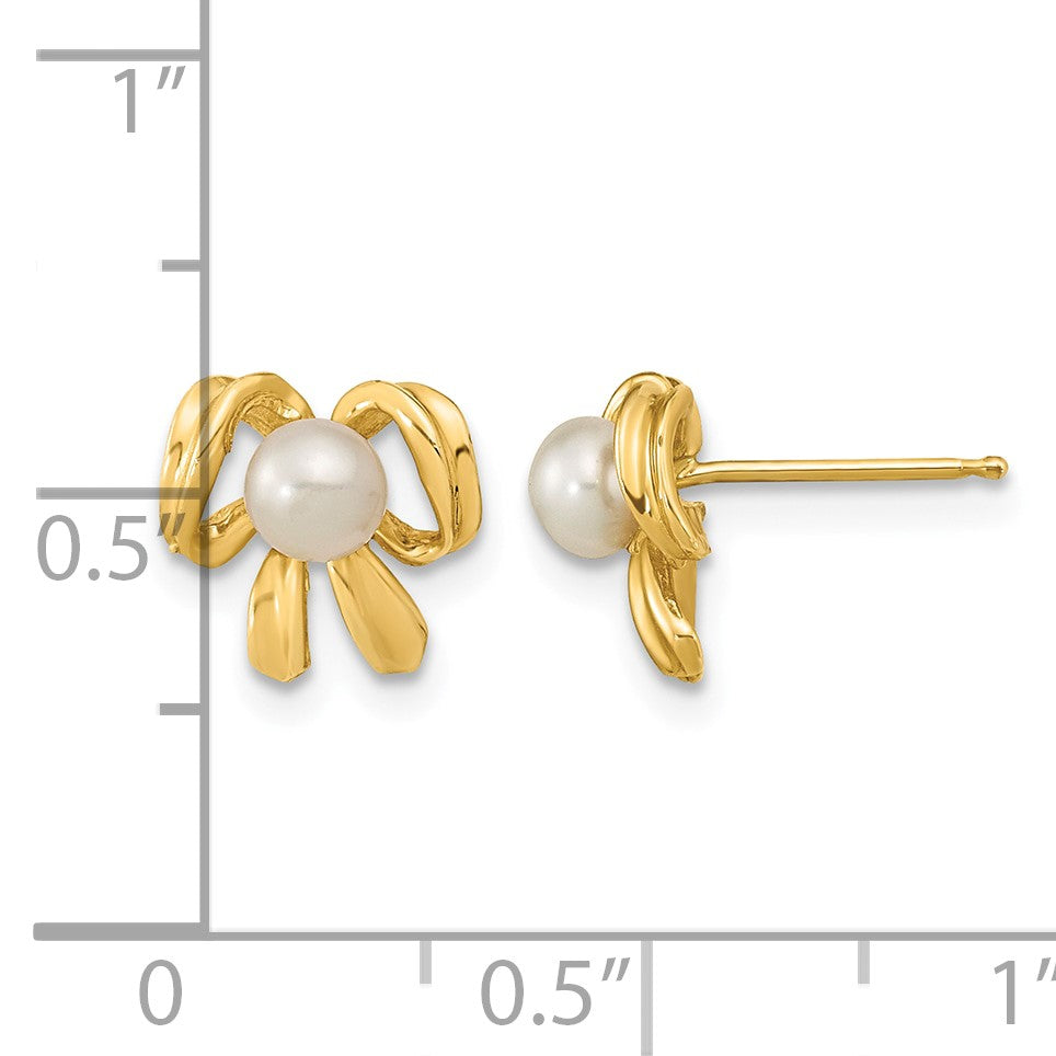 14k 3-4mm White Button Freshwater Cultured Pearl Bow Post Earrings